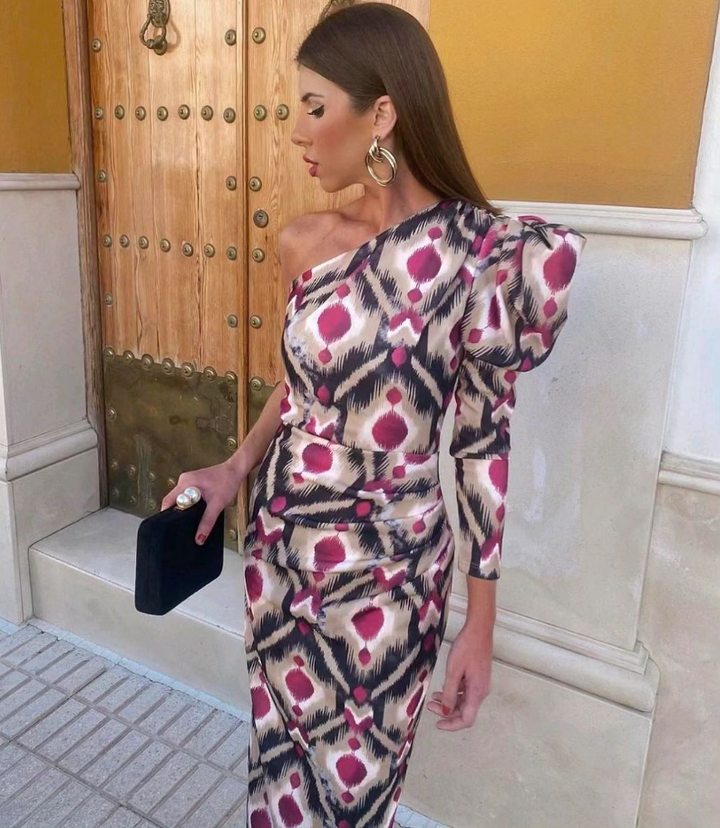 Yllana™ | Abito Midi Lilla con Spalla Unica e Maniche a Palloncino