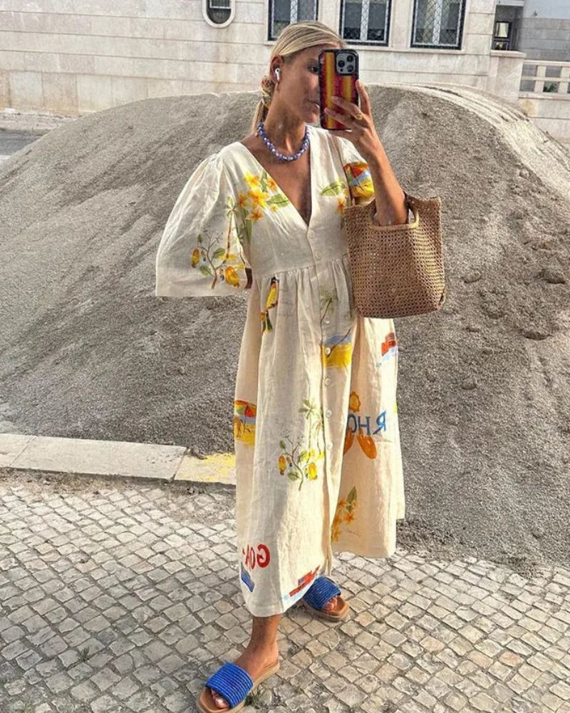 ANNI™ | Abito in Lino con Stampa