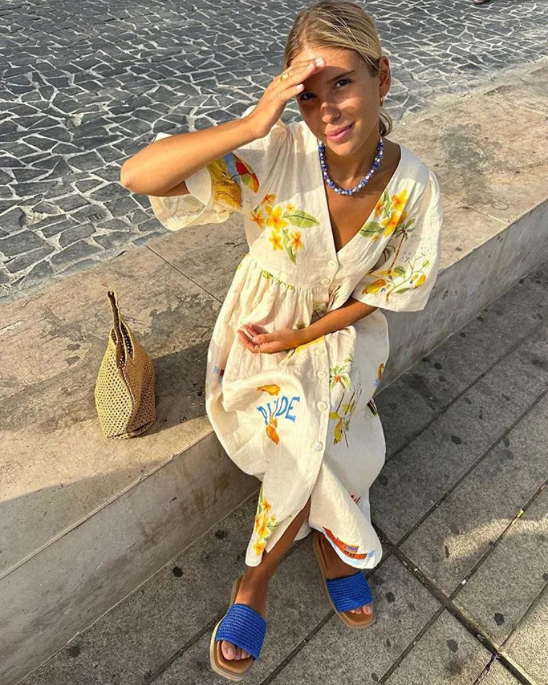 ANNI™ | Abito in Lino con Stampa