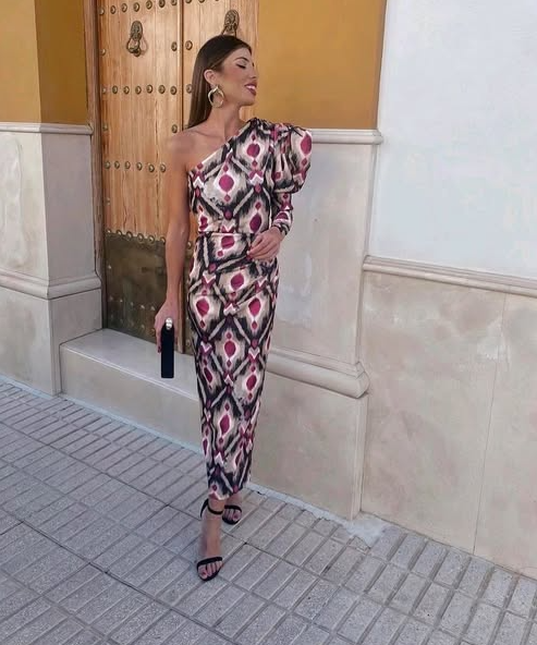 Yllana™ | Abito Midi Lilla con Spalla Unica e Maniche a Palloncino