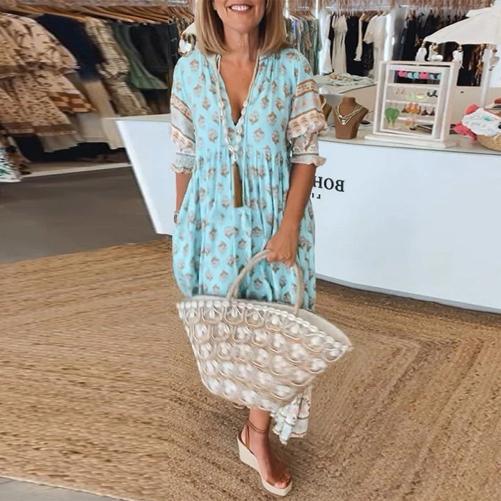 GIULIA™ | Elegante Abito Midi Stampato con Scollo a V e Maniche a Palloncino