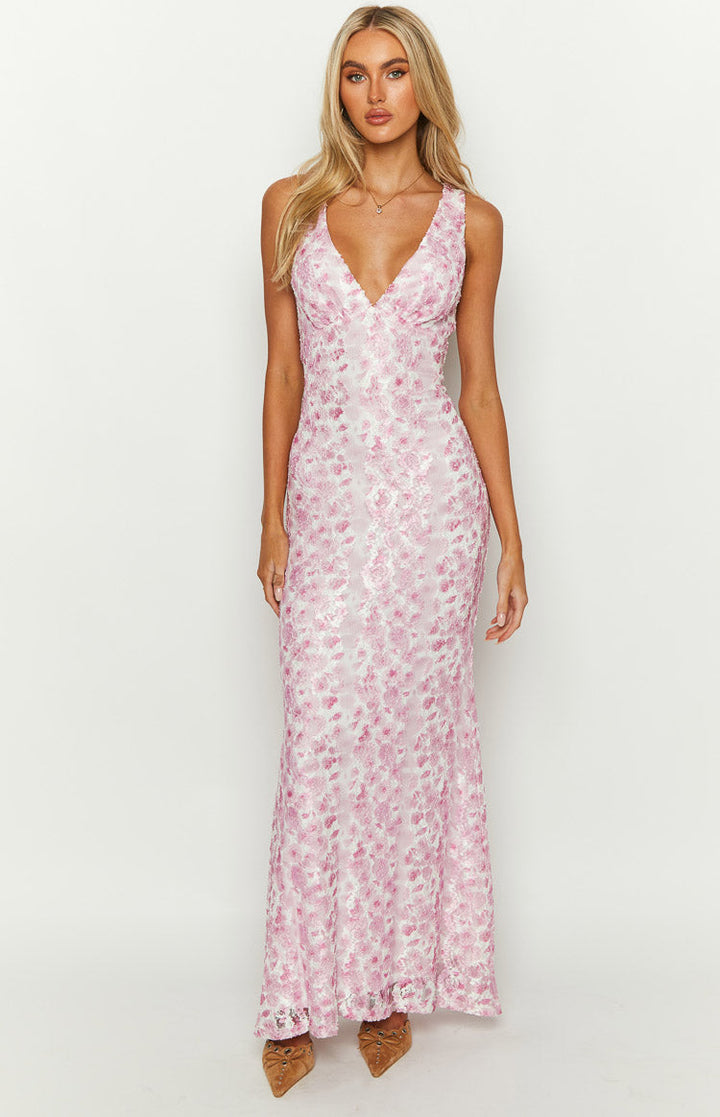 Farida™ | Abito Maxi in Pizzo Rosa