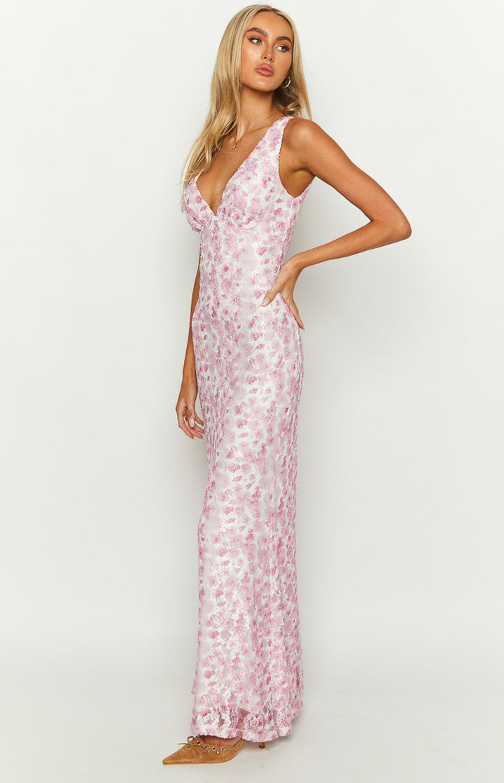 Farida™ | Abito Maxi in Pizzo Rosa