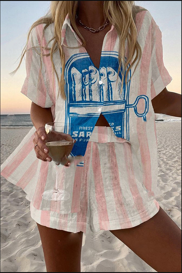 Bellini™ | Camicia in Lino a Maniche Corte con Stampa di Sardine