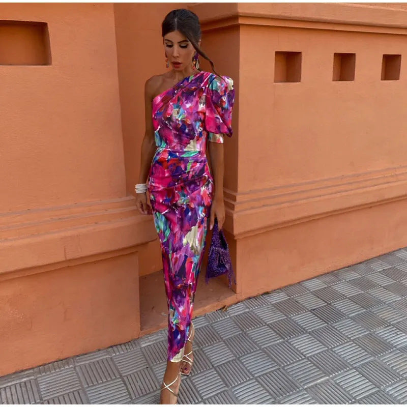 Yllana™ | Abito Midi Lilla con Spalla Unica e Maniche a Palloncino