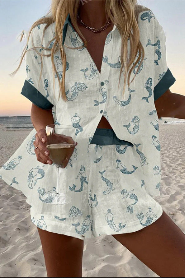 Bellini™ | Completo Corto in Lino con Stampa di Sirena