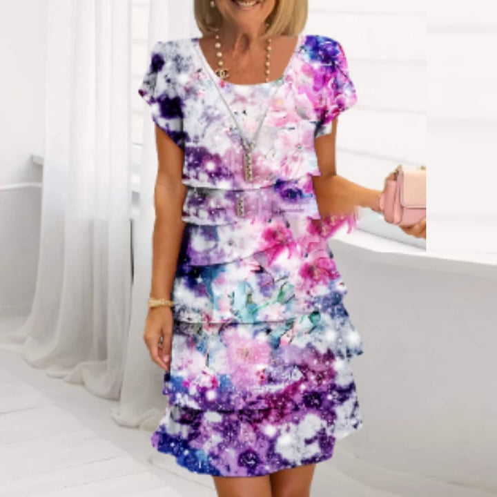 Abito Chiffon Stampato Floreale Chic Primavera Donna Elegante Collo A Giro Maniche Corte A-Line Abito da Festa