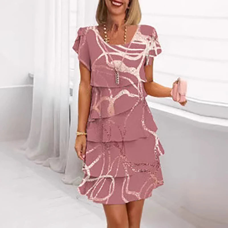 Abito Chiffon Stampato Floreale Chic Primavera Donna Elegante Collo A Giro Maniche Corte A-Line Abito da Festa