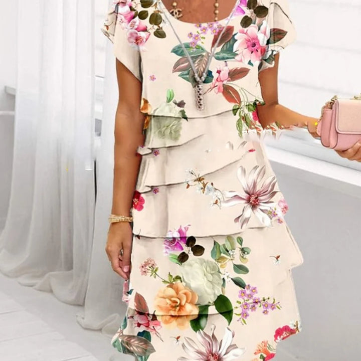 Abito Chiffon Stampato Floreale Chic Primavera Donna Elegante Collo A Giro Maniche Corte A-Line Abito da Festa