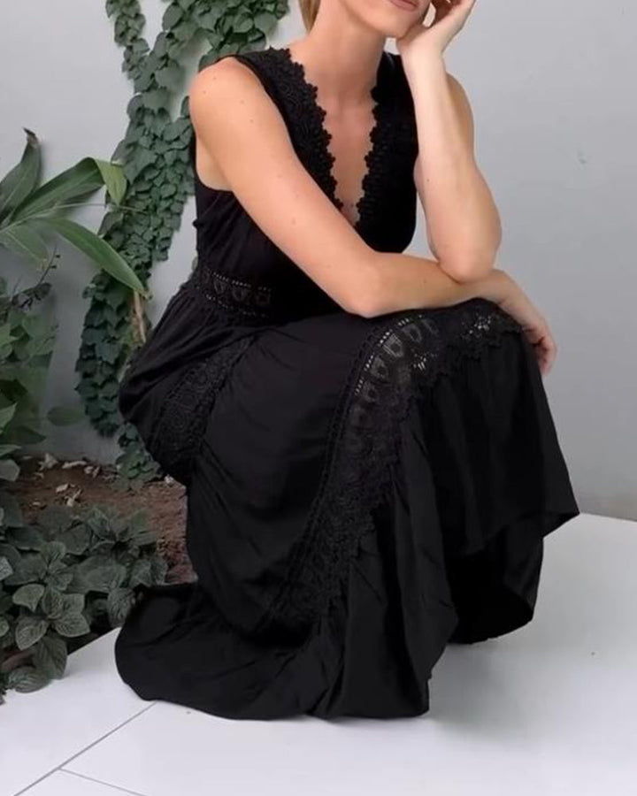 ALYSSA™ | Abito Midi Senza Maniche con Scollo a V e Raffinati Dettagli in Pizzo