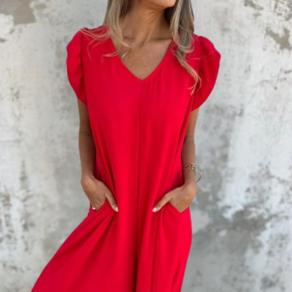 Abito Maxi con Scollo a V e Stampa Leopardata con Tasca Frontale