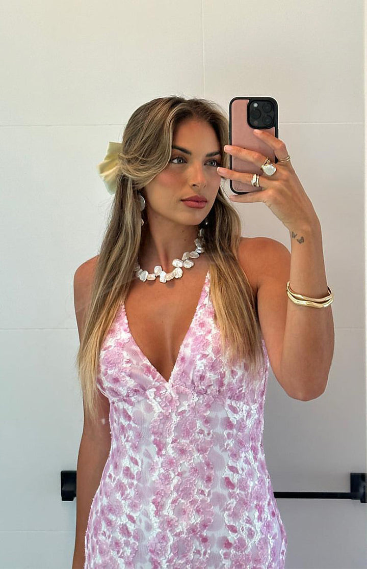 Farida™ | Abito Maxi in Pizzo Rosa