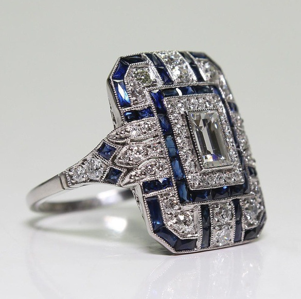 Anello vintage in argento lucido e zirconia blu