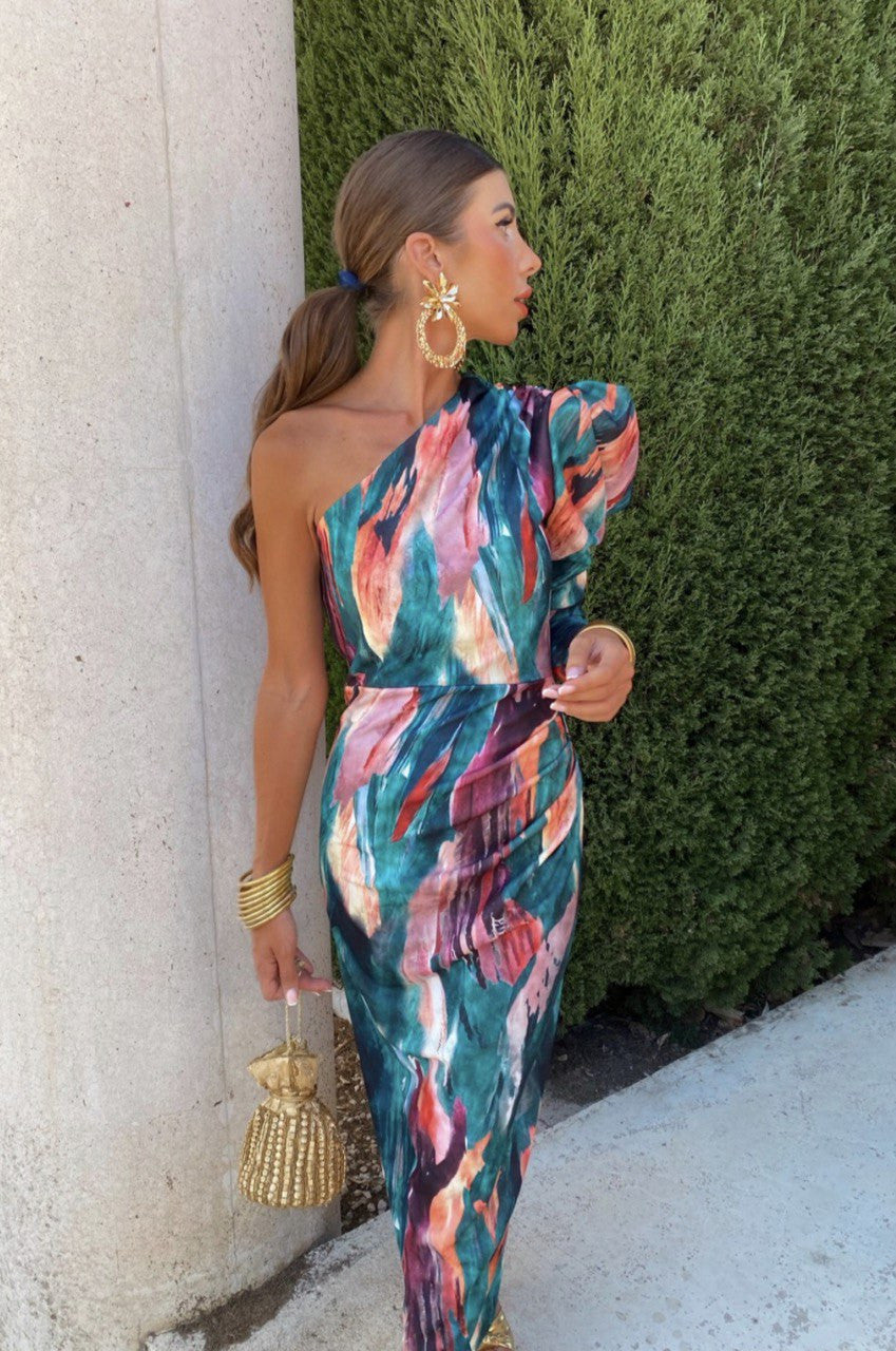 Yllana™ | Abito Midi Lilla con Spalla Unica e Maniche a Palloncino