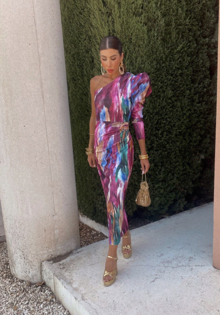 Yllana™ | Abito Midi Lilla con Spalla Unica e Maniche a Palloncino