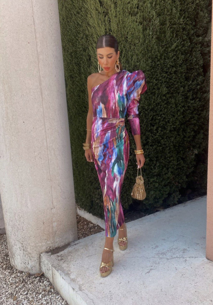 Yllana™ | Abito Midi Lilla con Spalla Unica e Maniche a Palloncino