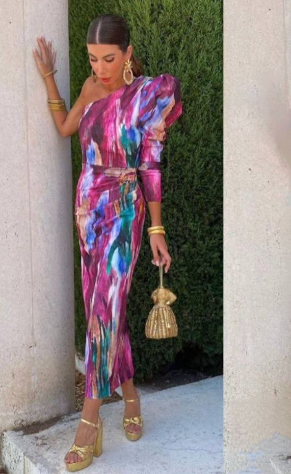 Yllana™ | Abito Midi Lilla con Spalla Unica e Maniche a Palloncino