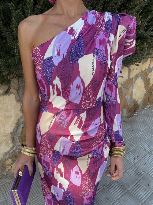 Yllana™ | Abito Midi Lilla con Spalla Unica e Maniche a Palloncino