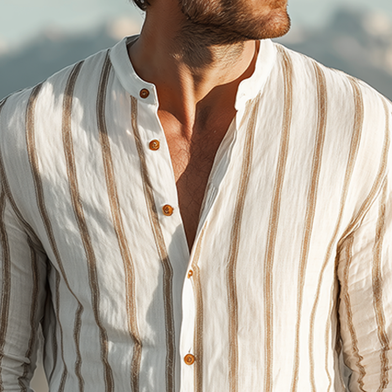 Camicia a Maniche Lunghe Verticale Striata Casual Classica da Uomo in Miscela di Tencel e Cotone con Collo Alto