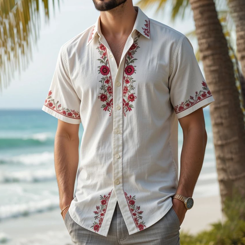 Camicia Casual a Maniche Corte con Stampa Floreale da Uomo