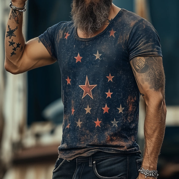 T-shirt da uomo in stile retro casual con stampa universo stellare, girocollo e maniche corte