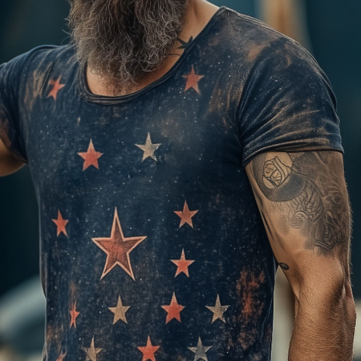 T-shirt da uomo in stile retro casual con stampa universo stellare, girocollo e maniche corte