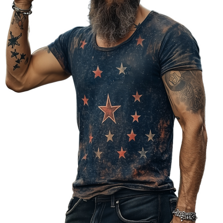 T-shirt da uomo in stile retro casual con stampa universo stellare, girocollo e maniche corte