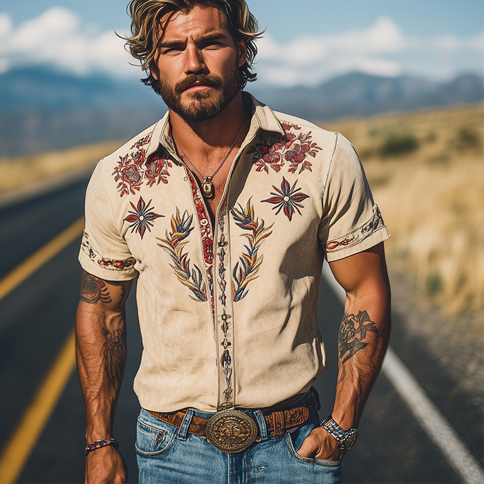 Camicia a maniche corte in suede ricamata in stile western retro moda primavera/estate da uomo