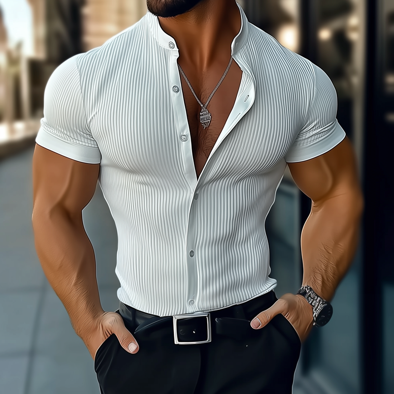 Camicia da Uomo a Righe con Collo Stand e Maniche Corte