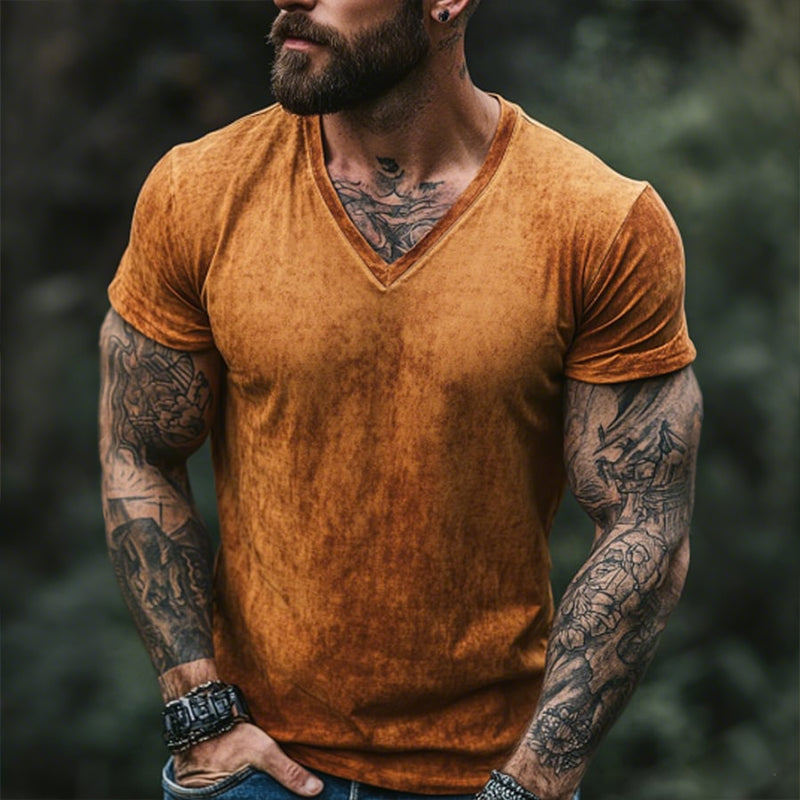 T-Shirt da Uomo Retro Casual Sbiadita con Stampa e Collo a V a Maniche Corte