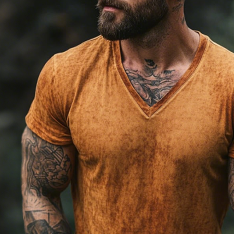 T-Shirt da Uomo Retro Casual Sbiadita con Stampa e Collo a V a Maniche Corte