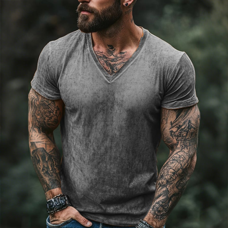 T-Shirt da Uomo Retro Casual Sbiadita con Stampa e Collo a V a Maniche Corte