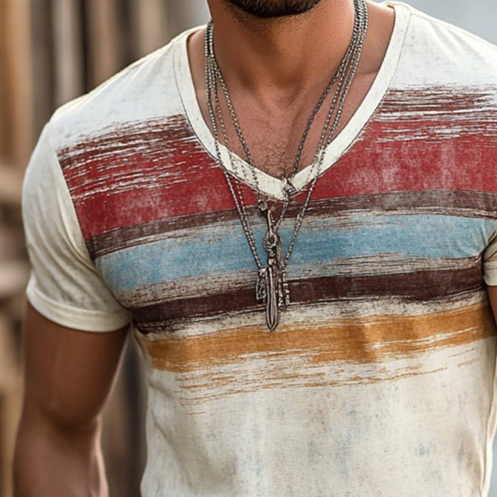 T-Shirt da Uomo Retro Casual Strappata a Righe con Stampa e Collo a V a Manica Corta