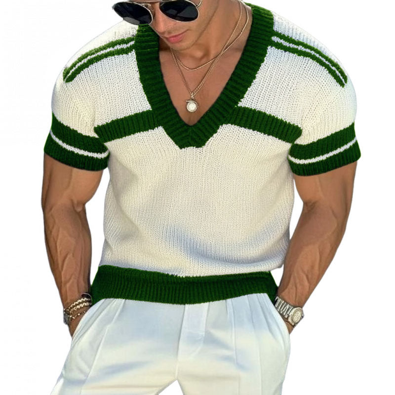 Maglione T-shirt a maniche corte da uomo in maglia jacquard a righe con scollo a V slim fit