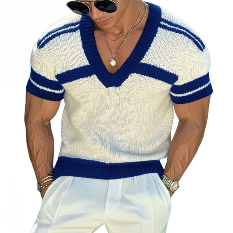 Maglione T-shirt a maniche corte da uomo in maglia jacquard a righe con scollo a V slim fit
