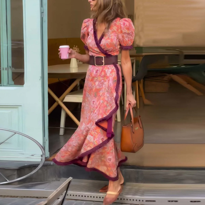 Isabella™ | Elegante Vestito Maxi Rosa con Maniche Corte