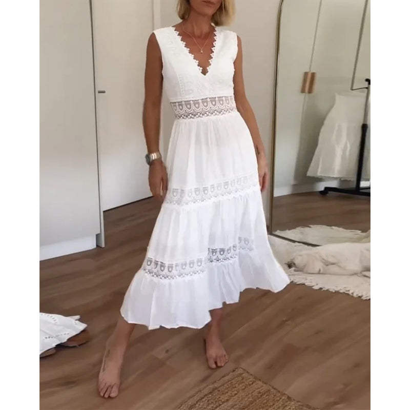 ALYSSA™ | Abito Midi Senza Maniche con Scollo a V e Raffinati Dettagli in Pizzo
