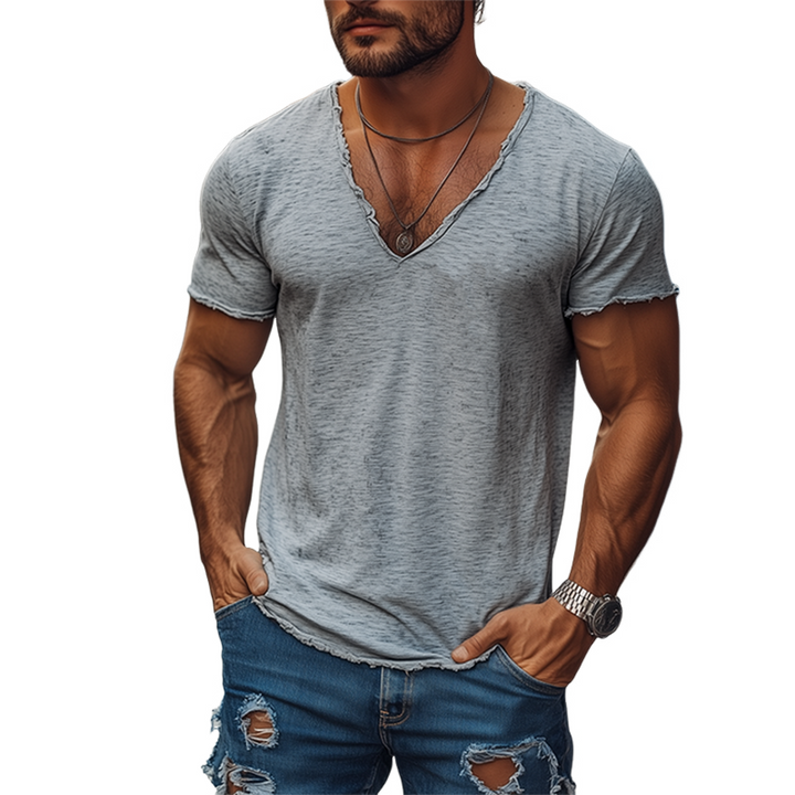 Quirino™ | T-shirt Estiva Casual da Uomo con Scollo a V, in Cotone Misto Fiammato e Orli Grezzi