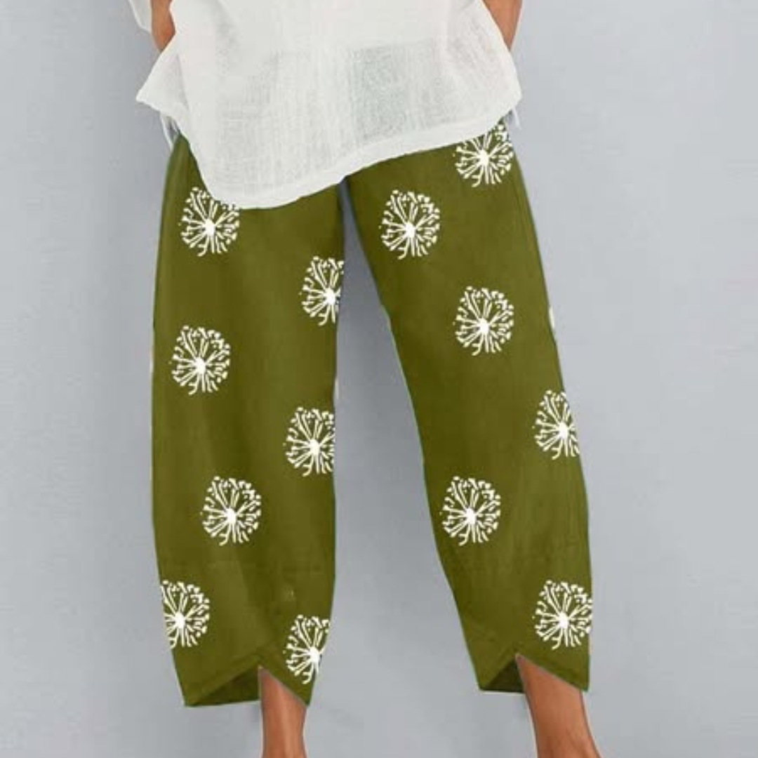 Chiara™ | Pantaloni Capri Estivi da Donna in Cotone e Lino Leggeri con Grafica di Dente di Leone