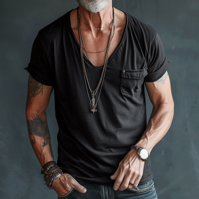 Maglietta Cargo a Maniche Corte con Scollatura a V e Tasca sul Petto da Uomo