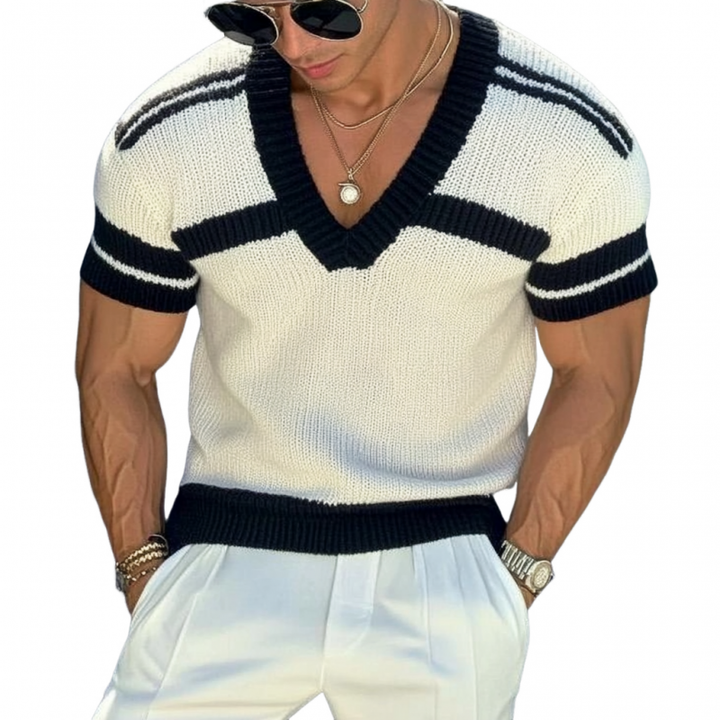 Maglione T-shirt a maniche corte da uomo in maglia jacquard a righe con scollo a V slim fit