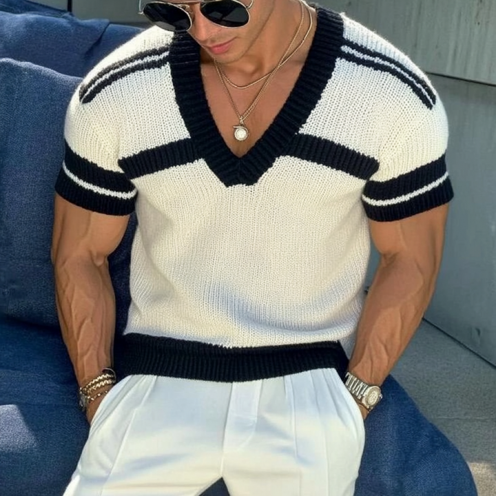 Maglione T-shirt a maniche corte da uomo in maglia jacquard a righe con scollo a V slim fit