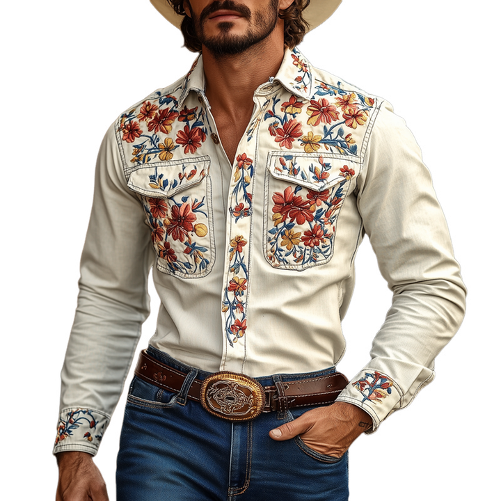 Camicia in cotone a maniche lunghe con taschino sul petto e colletto ricamato in stile cowboy occidentale da uomo