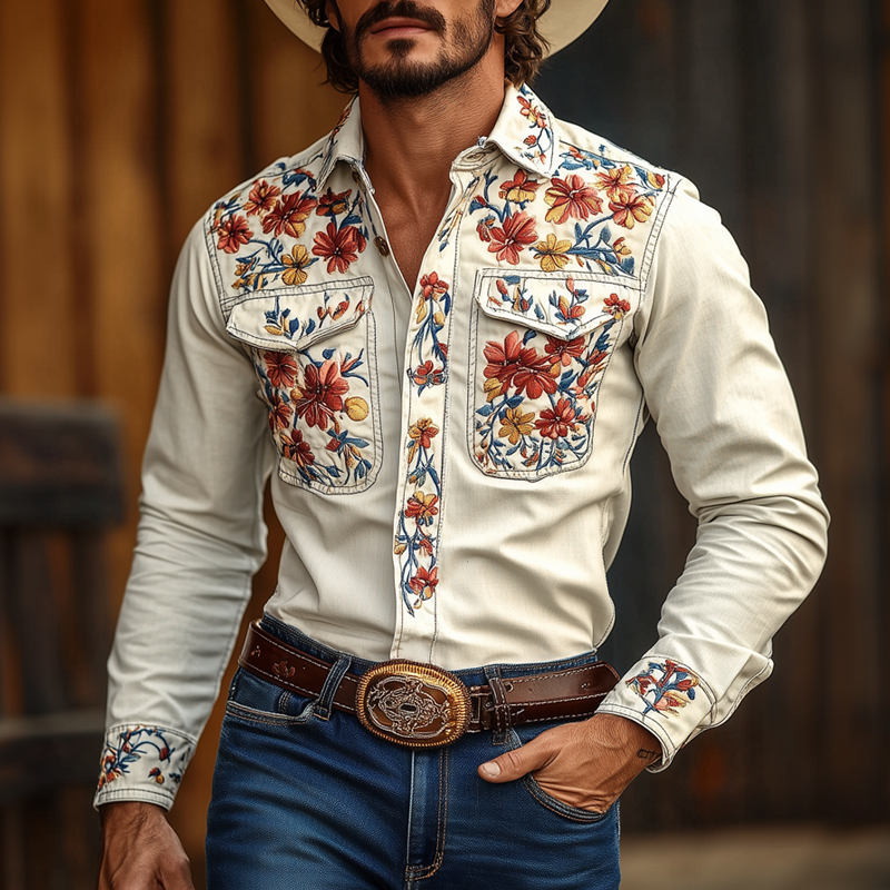 Camicia in cotone a maniche lunghe con taschino sul petto e colletto ricamato in stile cowboy occidentale da uomo