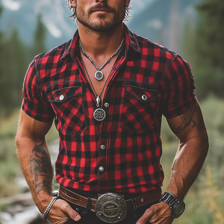 Camicia a Maniche Corte Estiva Retro a Quadri Rossa e Nera da Uomo