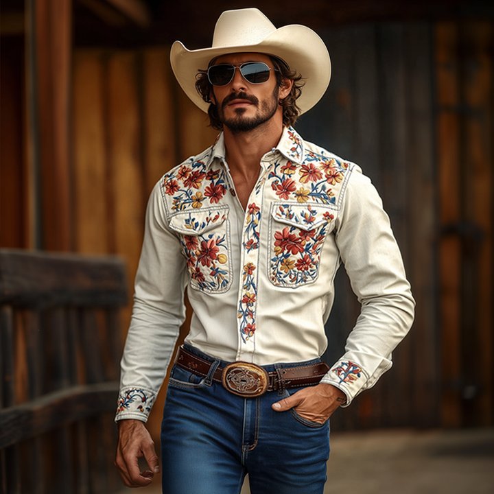 Camicia in cotone a maniche lunghe con taschino sul petto e colletto ricamato in stile cowboy occidentale da uomo
