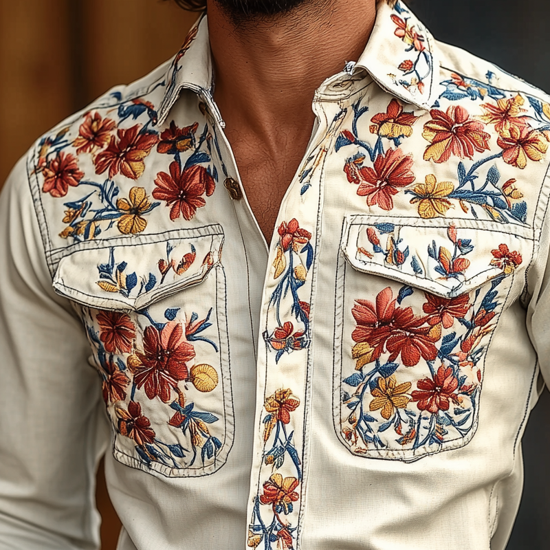 Camicia in cotone a maniche lunghe con taschino sul petto e colletto ricamato in stile cowboy occidentale da uomo
