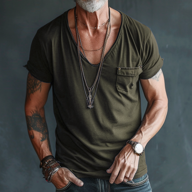 Maglietta Cargo a Maniche Corte con Scollatura a V e Tasca sul Petto da Uomo