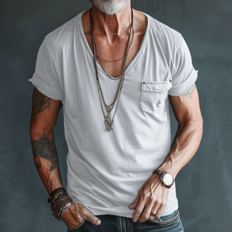 Maglietta Cargo a Maniche Corte con Scollatura a V e Tasca sul Petto da Uomo