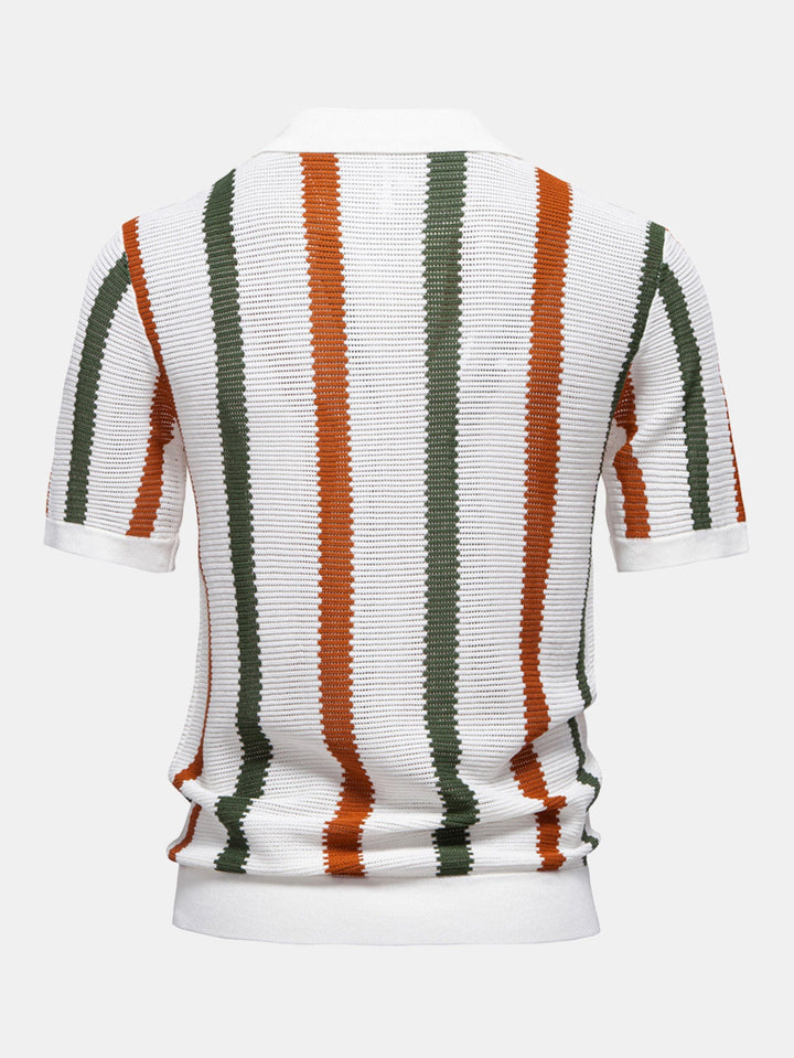 Polo a V in Maglia Stripe e Pantaloni in Lino a Gamba Dritta